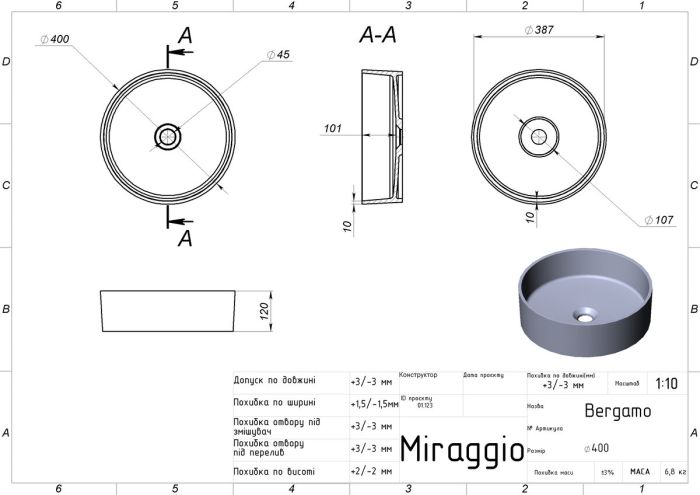 Умывальник BERGAMO 400
